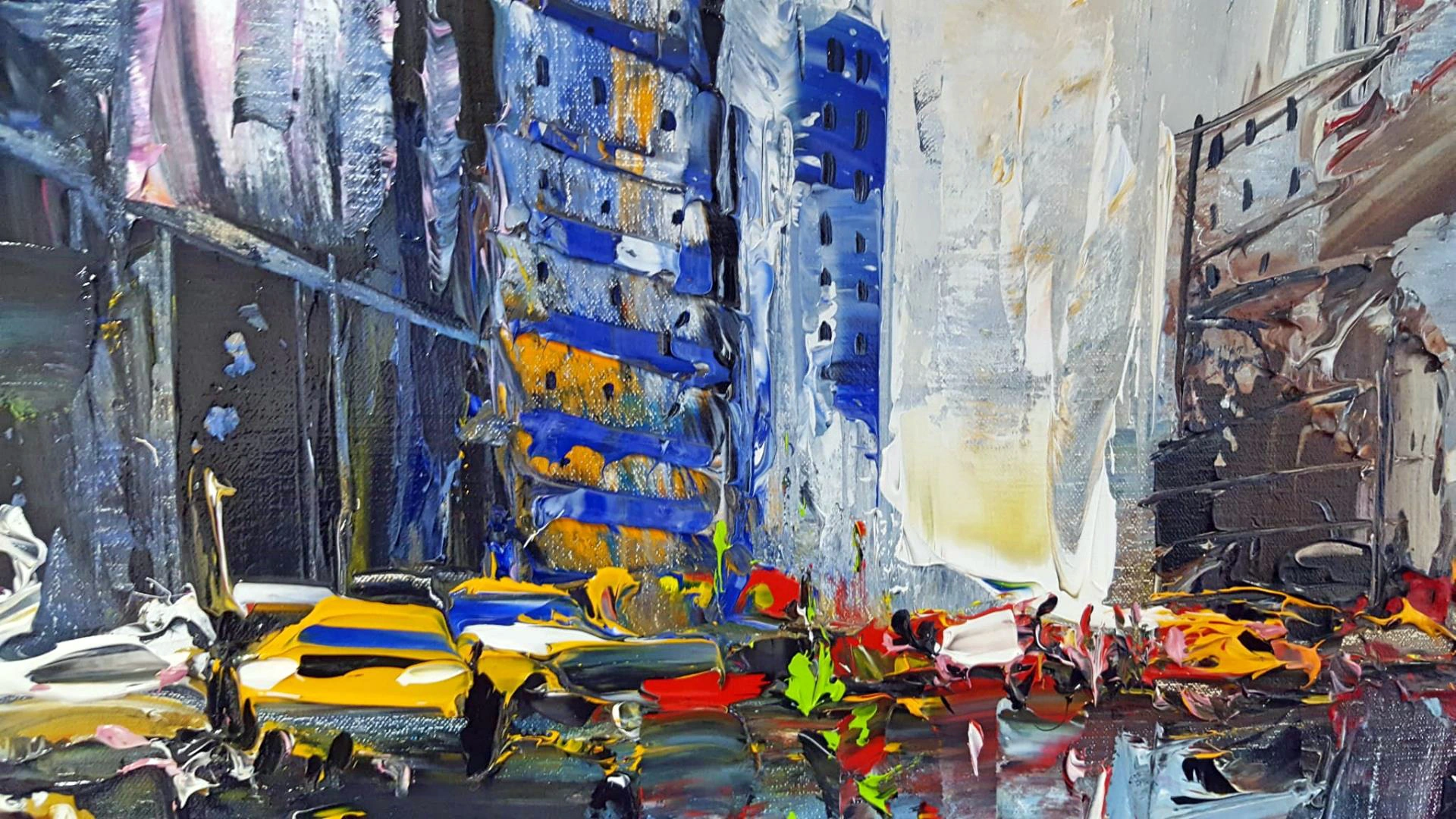 Détail du tableau Times Square de Louis Magre - reflets et profondeur